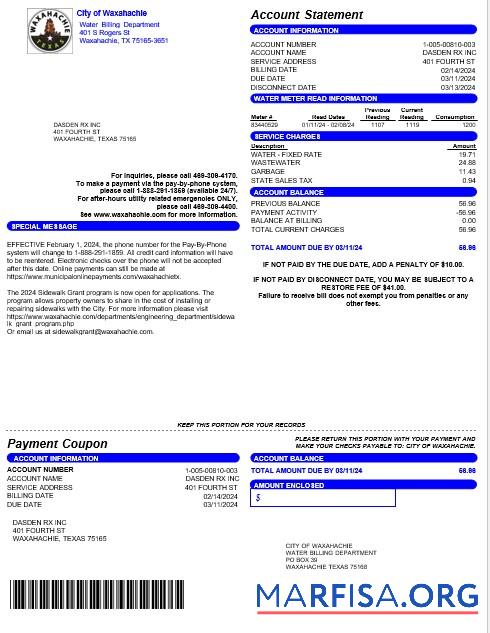 Downloadable USA CITY OF WAXAHACHIE business utility bill Word and PDF template